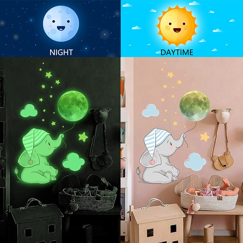 Baby Elephant Luminous Wall Sticker Home Decoration Accessories Kawaii Room Decor Wallpaper Glow In The Night Bedroom Decals