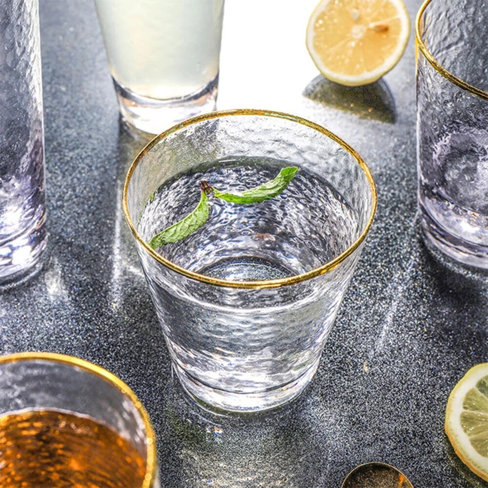 Glass Cup With Gold Rim Coffee Mug Thermal Insulation Breakfast Milk Crystal Hammer Point Ripple Cups Tumbler