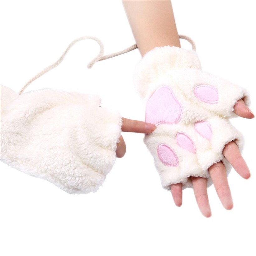 Chamsgend kvinnor vinter varm fluffig sammet katt fot tass fingerlösa handskar vantar 7913: Wh