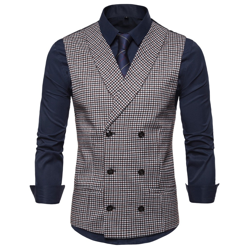 houndstooth Waistcoat Men Suit Vest Autumn Winter Formal Bussiness double breasted chalecos para hombre d91026