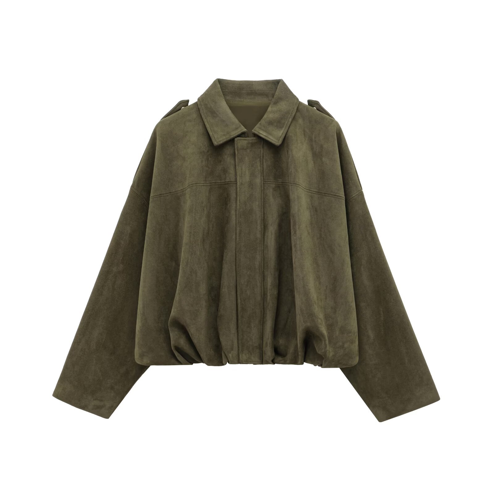 Chaqueta bomber de ante sintético de gran tamaño para mujer de ZBZA, con solapa con textura de ante, mangas largas de murciélago y dobladillo plisado, chaqueta bomber holgada, nueva prenda exterior vintage para mujer: L / Negro