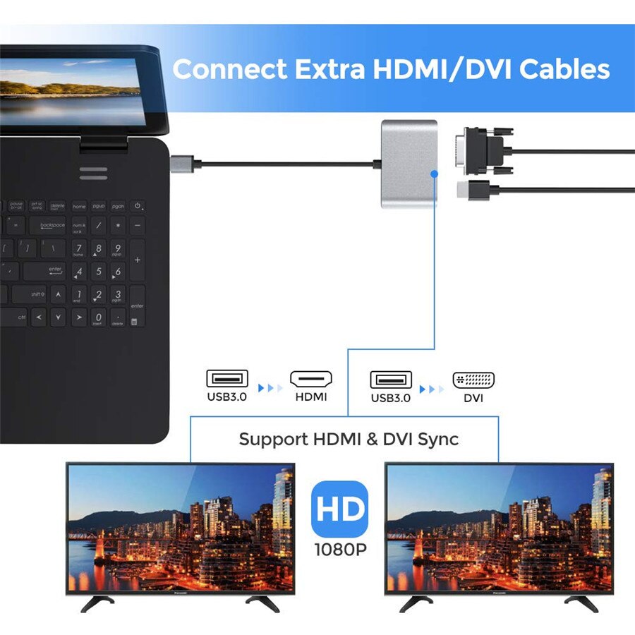 USB 3.0 Adapter to HDMI DVI Dual Displayport USB Converter support HDMI DVI Sync Output 1080P for Windows 10/8/7 USB Adapter
