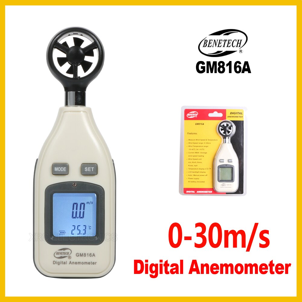 Draagbare Anemometer Hoge Precisie Digitale Display Handheld Windmeter Met Lcd Backlight Meter 0-30 M/s GM816A-BENETECH