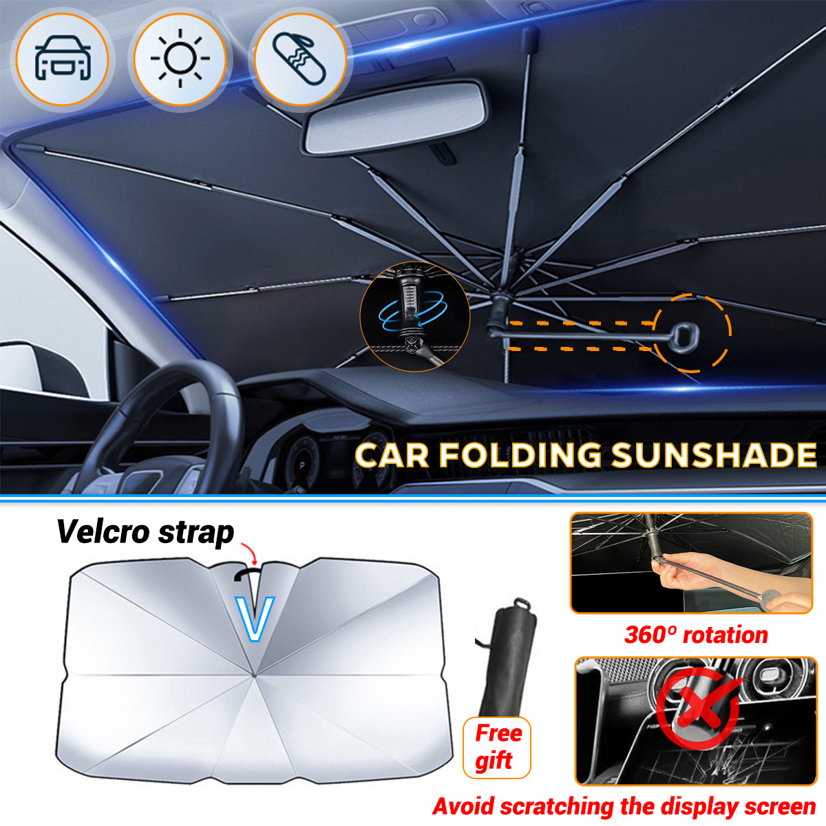 Paraguas para parabrisas de coche con 360 ° Manija plegable de rotación, parasol para ventana delantera, protección UV, accesorios de verano para coche