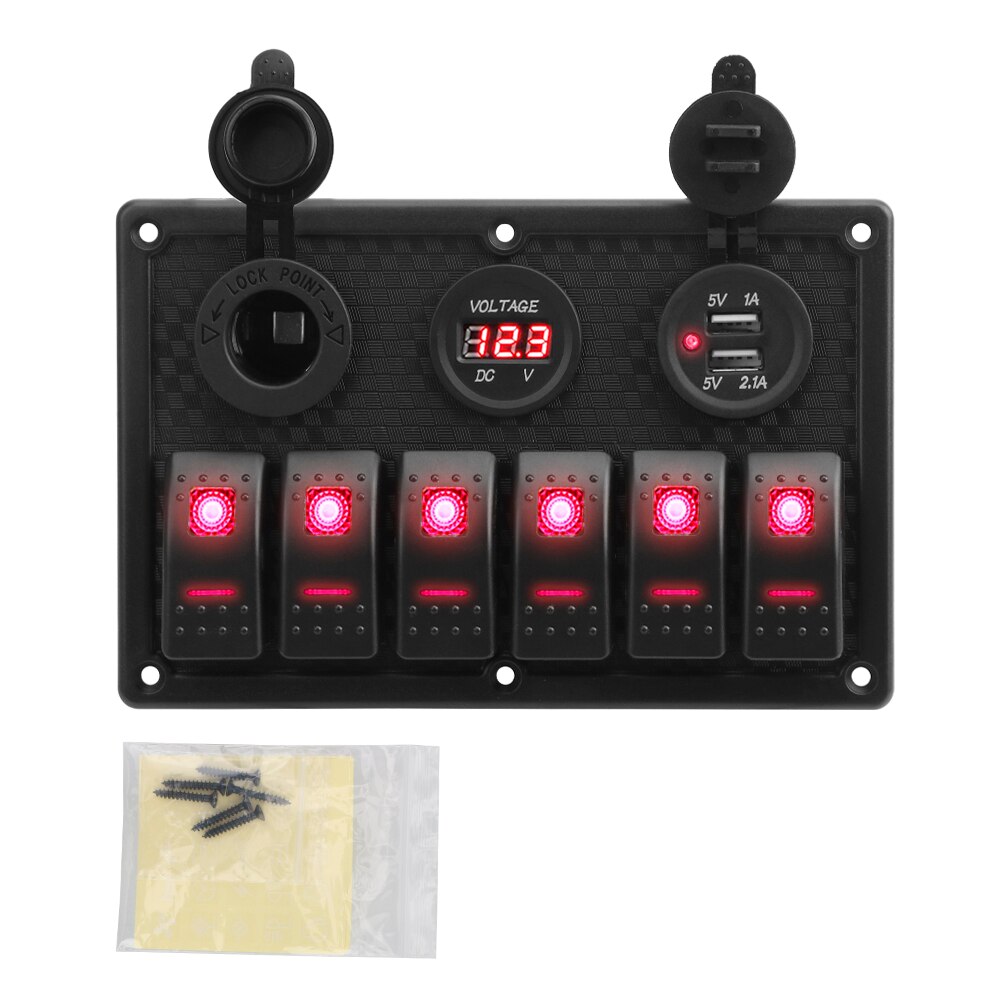 5/6 Gang Rocker schalten Tafel Mit Sicherung 4,2 EIN Dual USB Slot Steckdose Digital Spannung Anzeige für Marine Stiefel Auto lkw Wasserdicht: 6 Gang  Rocker rot