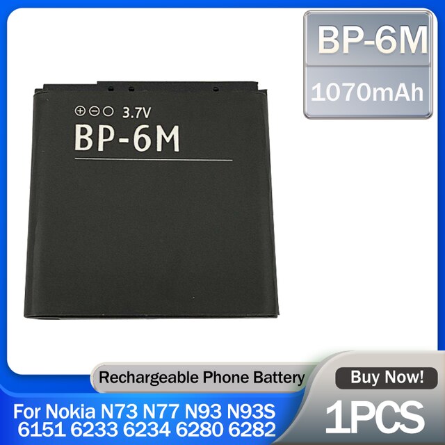 Batería de litio de repuesto para teléfono Nokia, 3,7 V, 1070mAh, BP-6M, BP6M, BP, 6M, 6233, 6280, 6288, N73, N77, N93, N93S, 1 ud.: Default Title