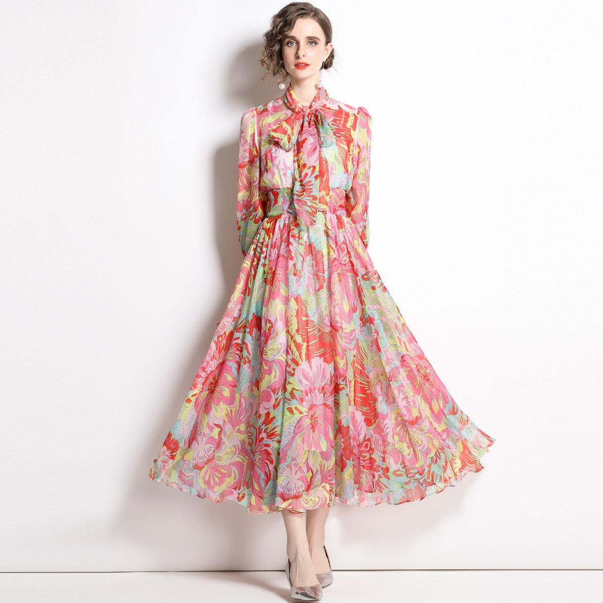 Vestido largo de gasa con estampado floral para mujer, traje bohemio de media manga con cuello de lazo, para vacaciones y verano, 2022