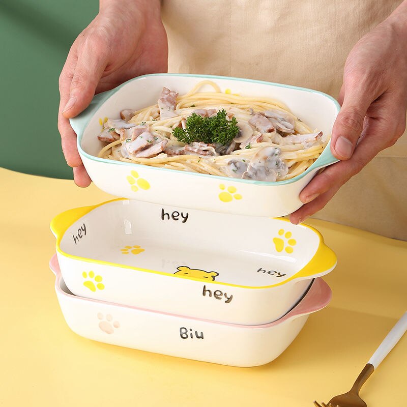 Plate Sets baked rice baking tray ceramic baking tray salad tray net red dish tableware oven tray cartoon cute baking