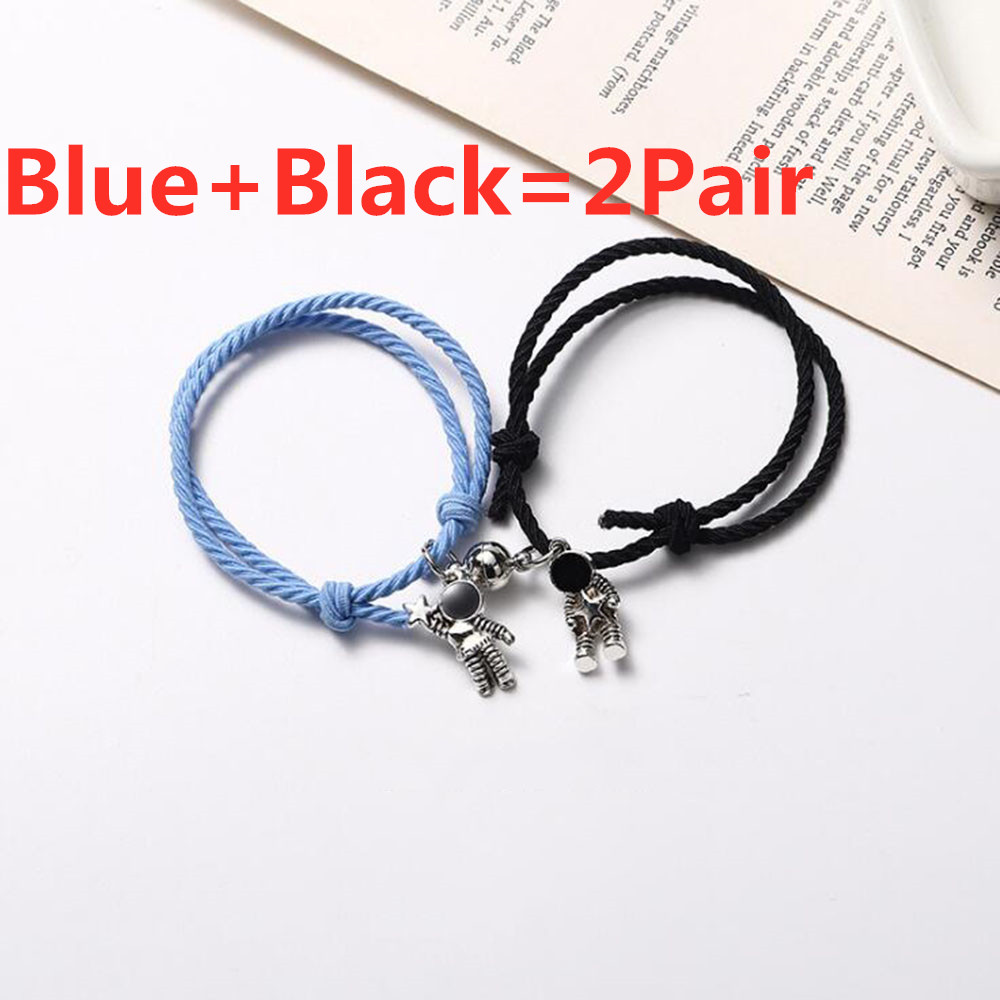 1/2 pary para bransoletka astronauta mała gumowa zespół, aby wysłać dziewczynę chłopak magnes kamień dzwon bransoletka wiązane głowy liny: Blue Black-2Pair