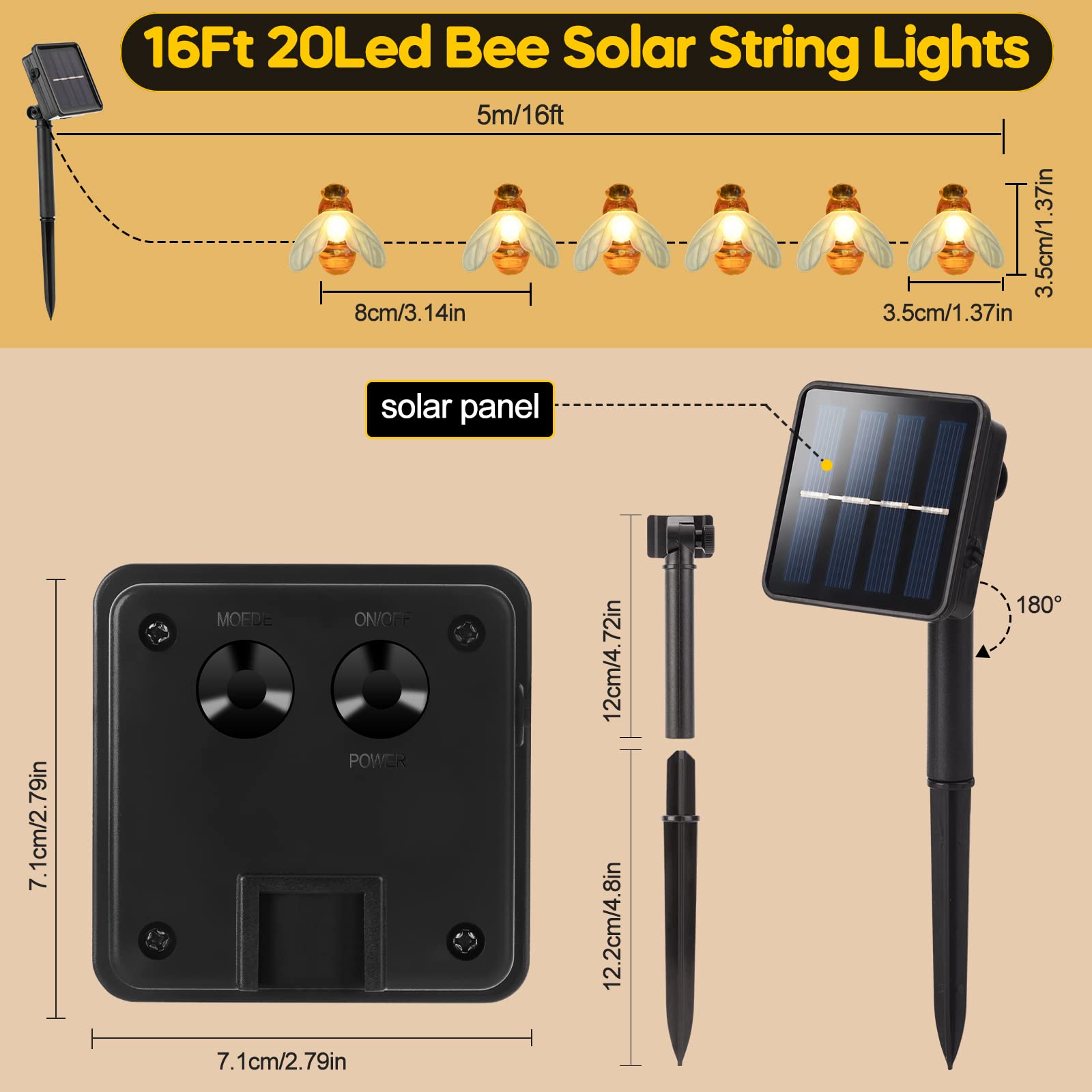 AlliLit 100 LED Solar Bee String Lampe Outdoor Lichterkette Baum Weihnachtsgirlande 8 Modi Wasserdicht Terrasse Garten Party Dekor