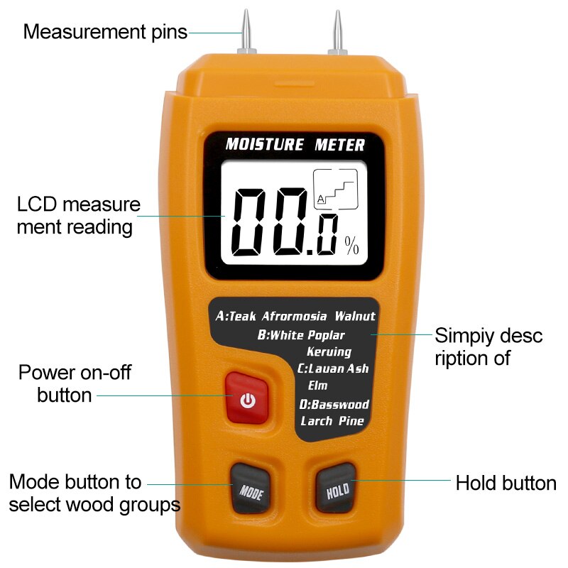 Orange 0-99.9% Two Pins Digital Wood Moisture Meter Wood Humidity Tester Hygrometer Timber Damp Detector Large LCD Display