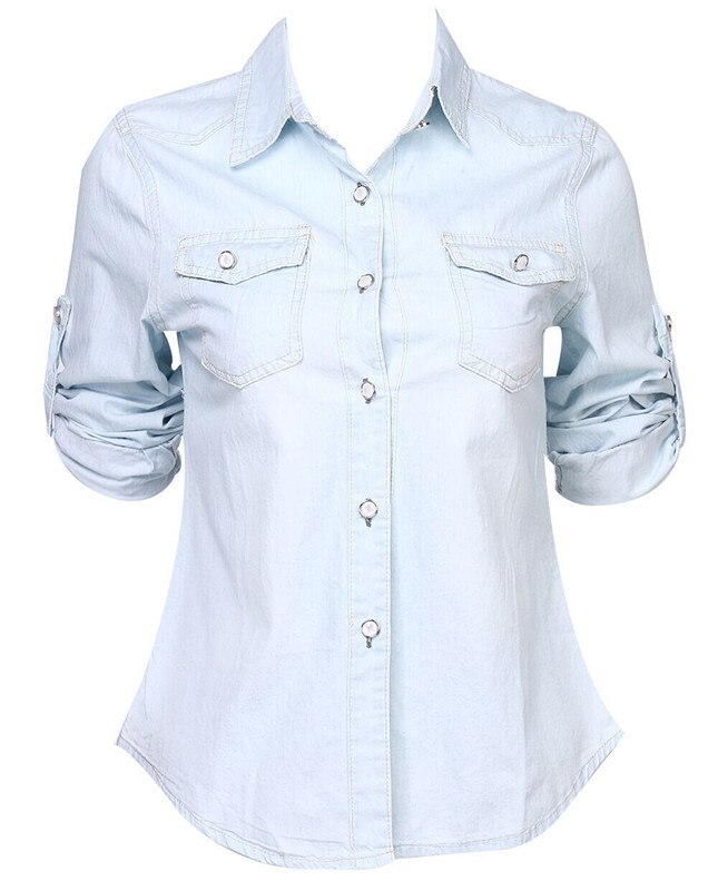 retro Frauen Damen lässig Blau Jean Denim Hemd Bluse Lange Hülse Drehen-unten kragen Spitzen Bluse: hell Blau / S