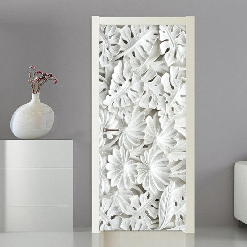 Pegatina autoadhesiva de puerta 3D, patrón de hojas blancas estéreo, sala de estar de yeso para papel tapiz, dormitorio, decoración del hogar, pegatinas impermeables de PVC