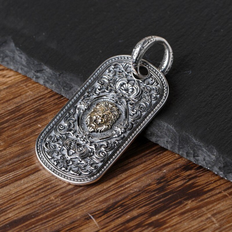 Bocai Echte Pure S925 Zilveren Man Hanger Vintage Gegraveerd Patroon Persoonlijkheid Overheersend Gouden Leeuw Hanger
