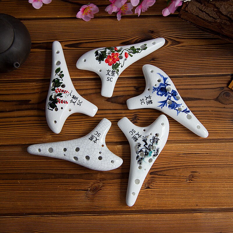 Ocarina ajustable SC para principiantes, instrumento de dos cuerdas de cerámica pintada con grietas + 12 agujeros, artes y artesanías