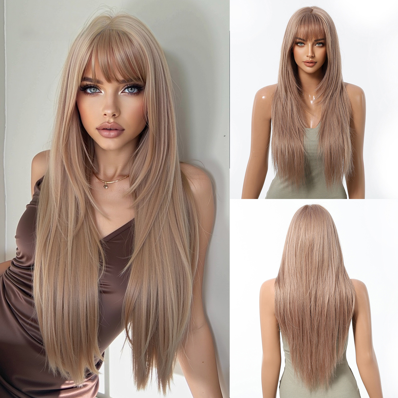 Producto, pelo largo negro natural con flequillo de ocho caracteres, peluca microenrollada para mujer, redecilla sintética transpirable: T1B/613