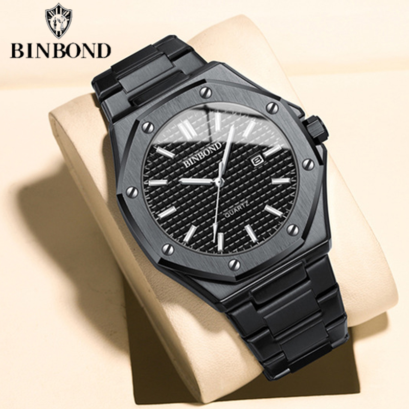BINBOND montre pour hommes Top Royal décontracté hommes grand cadran argent acier inoxydable calendrier Quartz montre-bracelet classique lumineux B0233