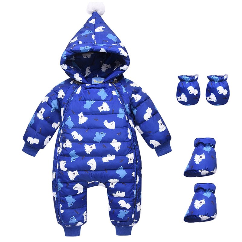 Baby Winter Clothes Girl Boys Romper Warm Snow Wear Infant Baby Overalls Long Sleeve Hooded Outerwear White Duck Down Snowsuit: Blue / 6M
