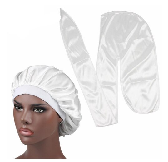Heren zijden durag match zijden muts voor vrouwen dezelfde kleur zijden durag bandana's voor mannen lange staart durags golfmuts slaapmuts: Wit