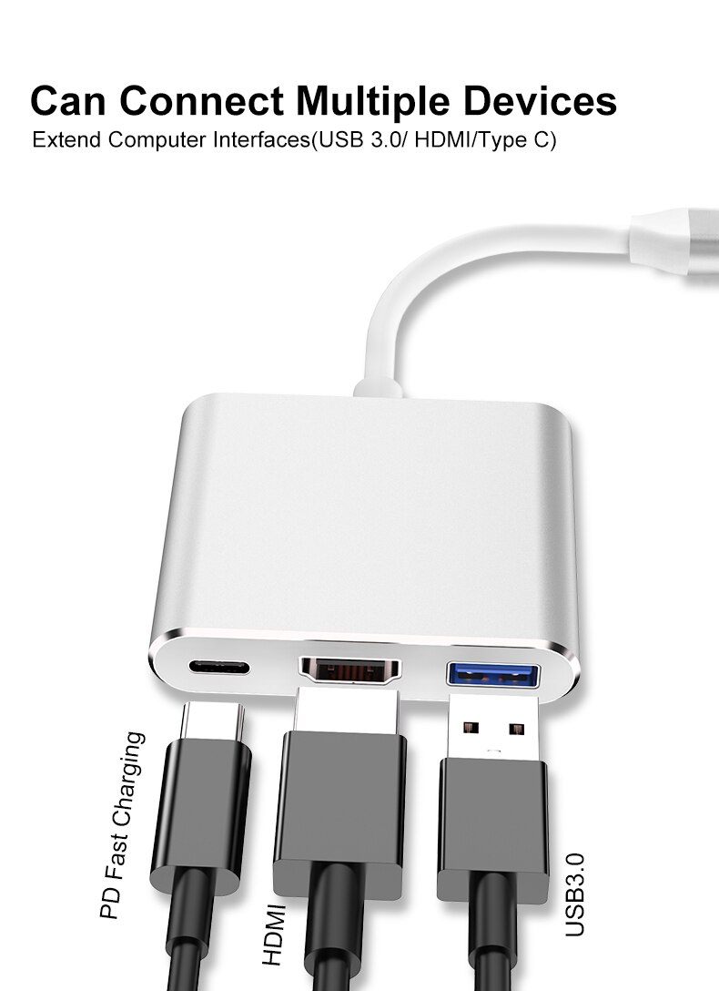 3 In 1 Adapter Usb 3.1 Type C Naar Hdmi + Usb 3.0 + Type C Hub
