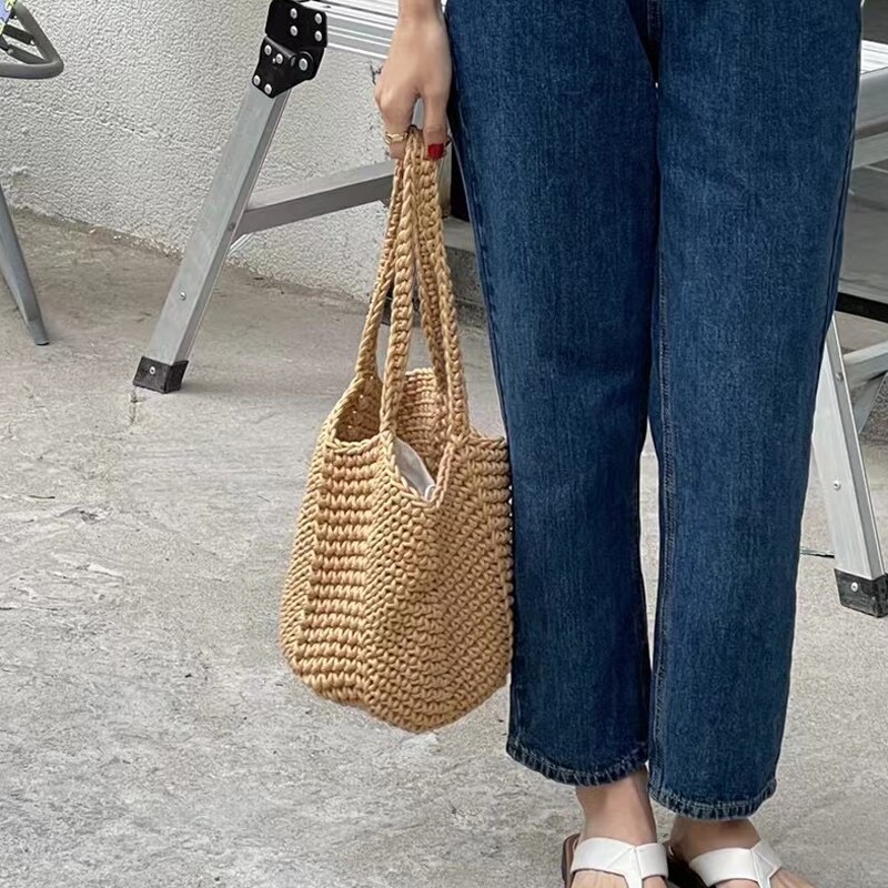 2022 Katoenen Draad Gebreide Vrouwen Handtassen Dames Netto Hollow Out Tote Vrouwen Geweven Schoudertas Strandtas Sets hele: Khaki