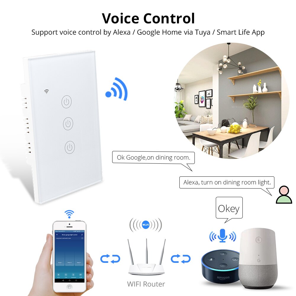 Zemismart US Tuya WiFi Light Switch Neutral Optional Wire 1 2 3 Gang Alexa Google Home Assistant Smart Life Control 100V 240V