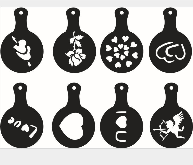 8 stk/sæt plastik 8.5cm kaffe mælk kage cupcake stencil skabelon barista fancy cappuccino latte spray dekoration print model