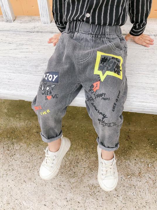Pantalones vaqueros con estampado elástico cintura para niños, jeans de color con letras, estilo de otoño, ropa de vaquero para bebés