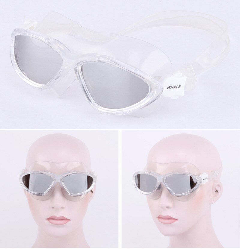 Hval anti-tåge linse vandtæt svømmebriller briller spejl belægning mænd kvinder store ramme svømningsbriller: Hvid