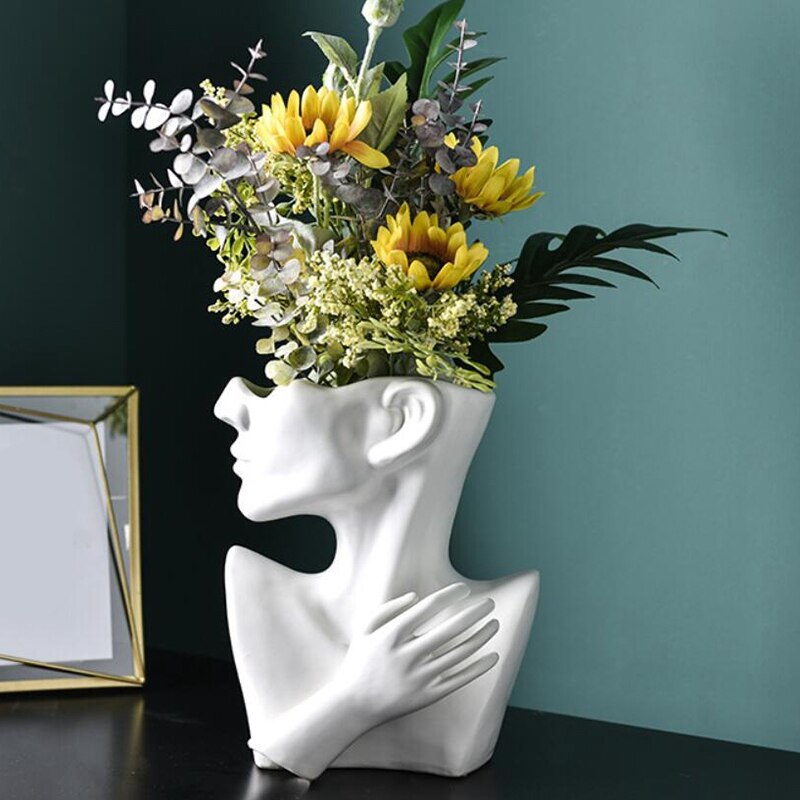 Half Body Face Ceramic Flower Pot White Figure Sculpture Crafts Desktop Flower Arrangement Container Garden Decoration