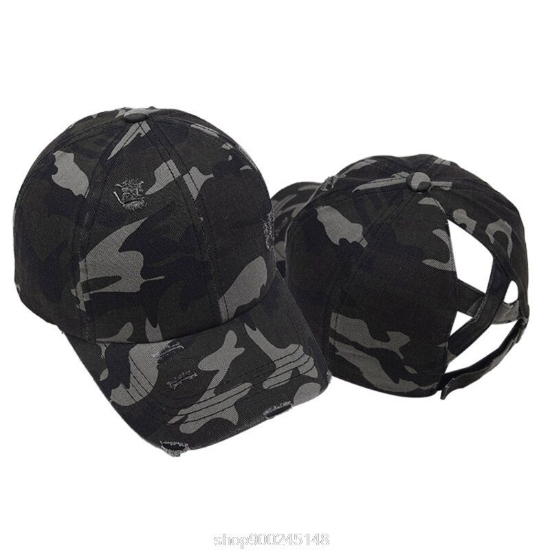 Femmes lavé casquette de Baseball crème solaire en détresse déchiré Criss croix haute queue de cheval réglable chapeau de relance N12 20 directe: Deep Green Camo