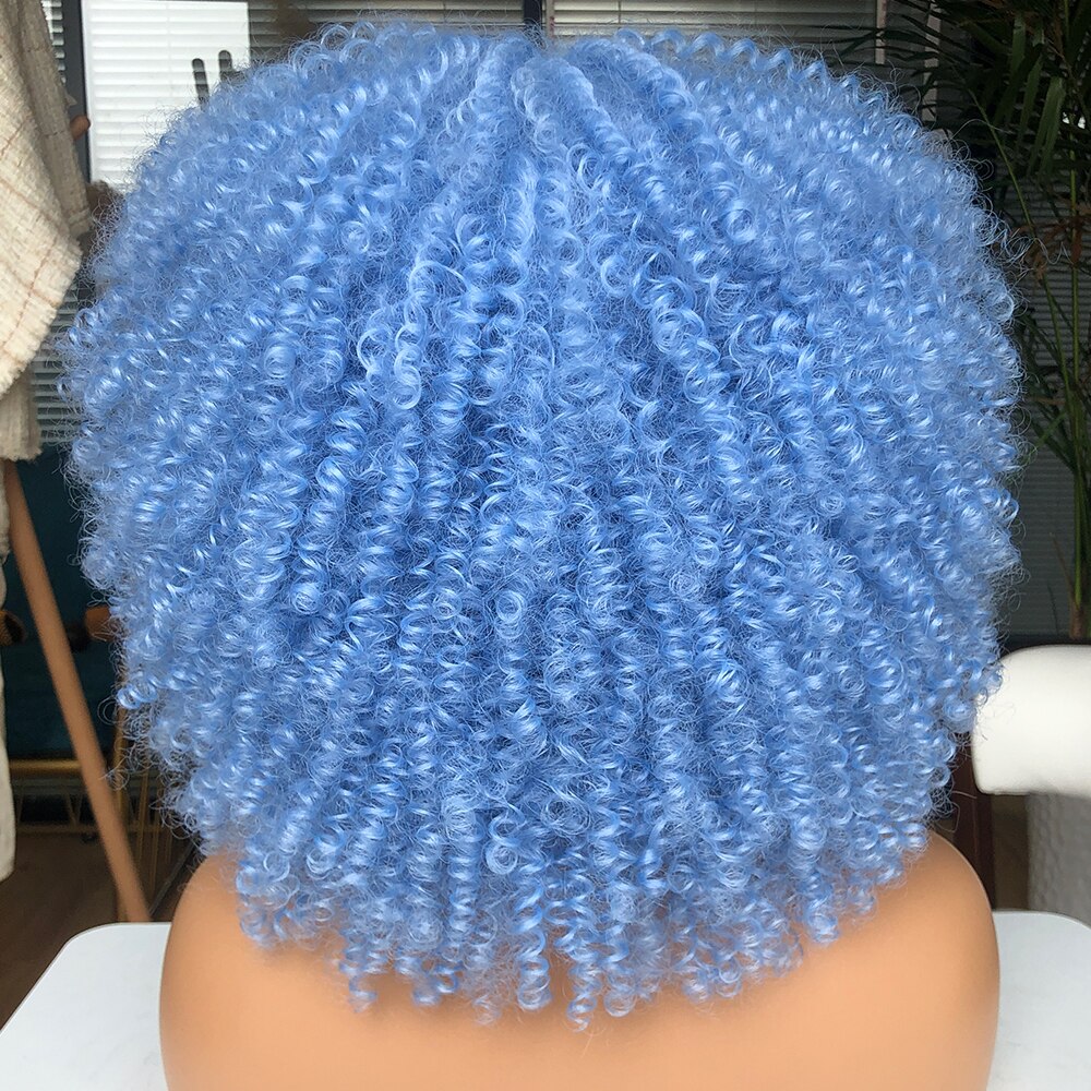 Short Hair Afro Kinky Curly Wigs With Bangs For Black Women Cosplay Lolita Synthetic Natural Blonde White Pink Blue Green Wig: 4020