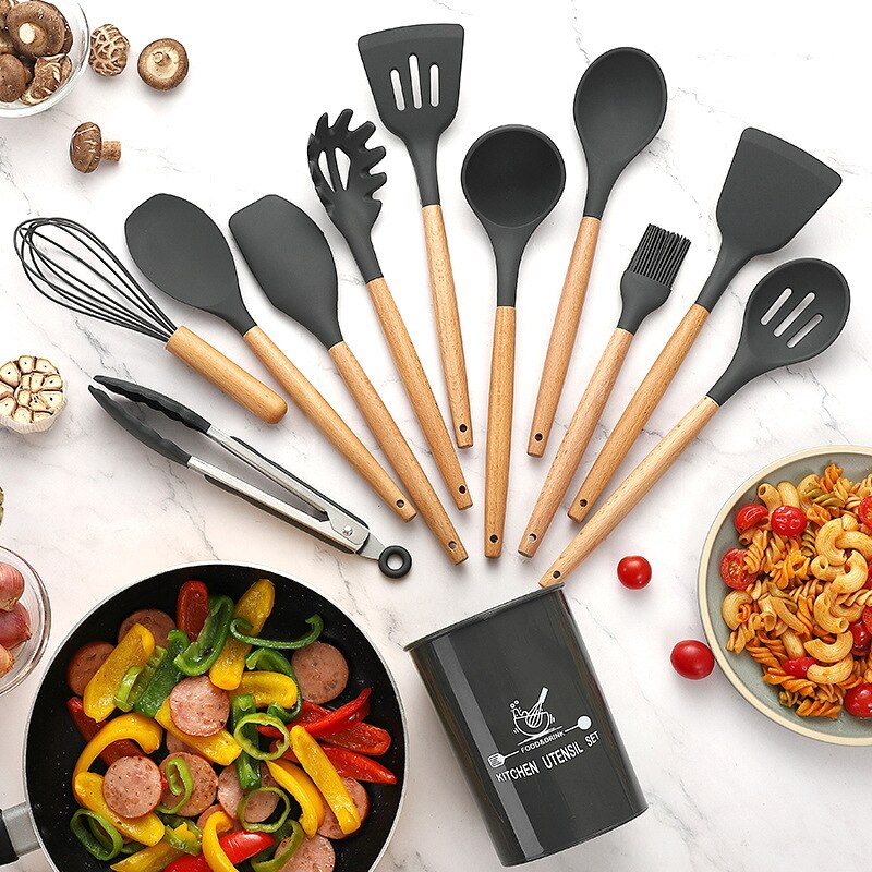 12 Stks/set Food Grade Siliconen Koken Gereedschap Keuken Non-stick Ei Kloppers Spatel Keukengerei Huishouden Houten Handvat Item: Dark Gray
