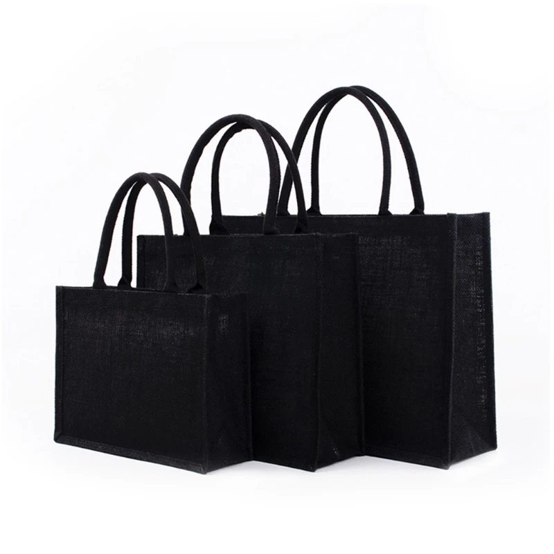 Black Jute Tote Bags Mulheres Bolsa compras Bolsa Bolsa com alça macia Dama dama noiva Favorias presentes