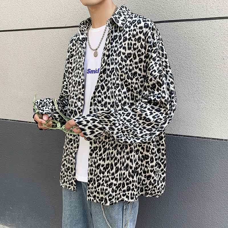 MIXCUBIC-camisas con estampado de leopardo para hombre, camisas masculinas con personalidad, estilo inglés, de otoño, informales, holgadas, con estampado de leopardo, M-XXL,: Blanco / XXL