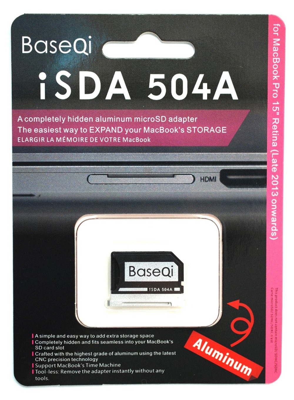 504a originale baseqi aluminium minidrive micro sd kort adapter kortlæser til macbook pro retina 15 '' model sent / efter