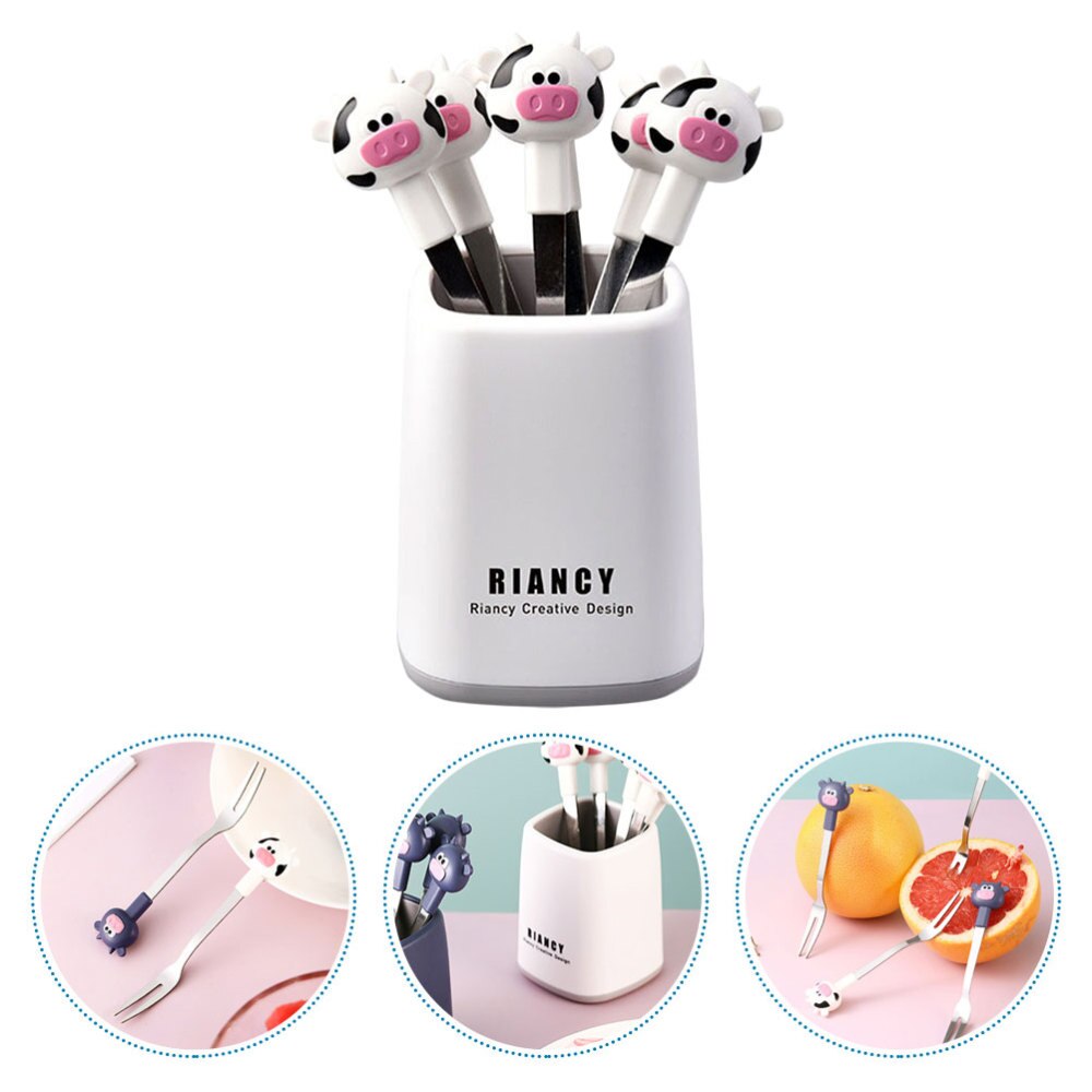 1 Set Cartoon Calf Fruit Forks Stainless Steel Forks with a Holder