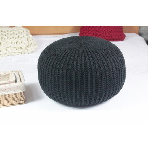 Coussin rond en laine tricoté à la main, POUF de sol, POUF: Black