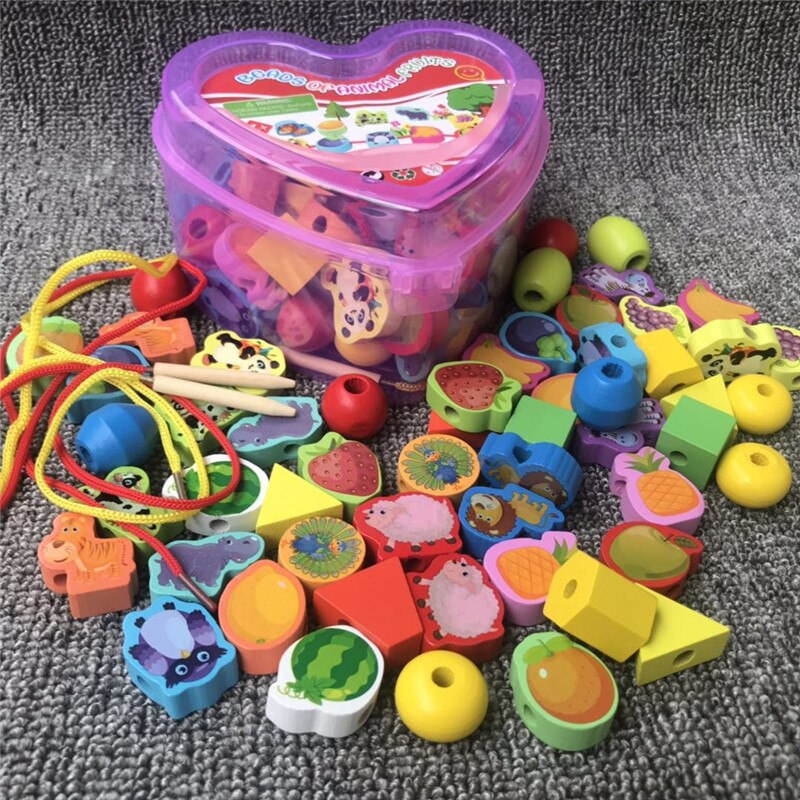 55pcs/lot Baby Wooden Lacing Beads Animals Blocks Heart-shape Stringing Threading Lace Beads Box Educational Preschool Toy