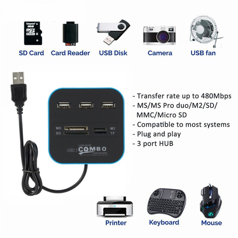 USB HUB 2.0 3 Ports tf Micro SD Card Reader Slot USB Combo HUB Multi Ports All In One USB HUB Adapter Cable For Laptop Computer