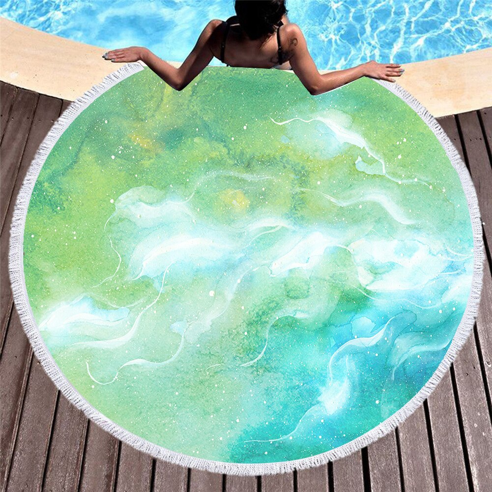 Serviette de plage ronde en microfibre pour adultes, motif de marbre coloré imprimé en 3D, tapis de Yoga avec pampilles, été, 150cm, T609: 5