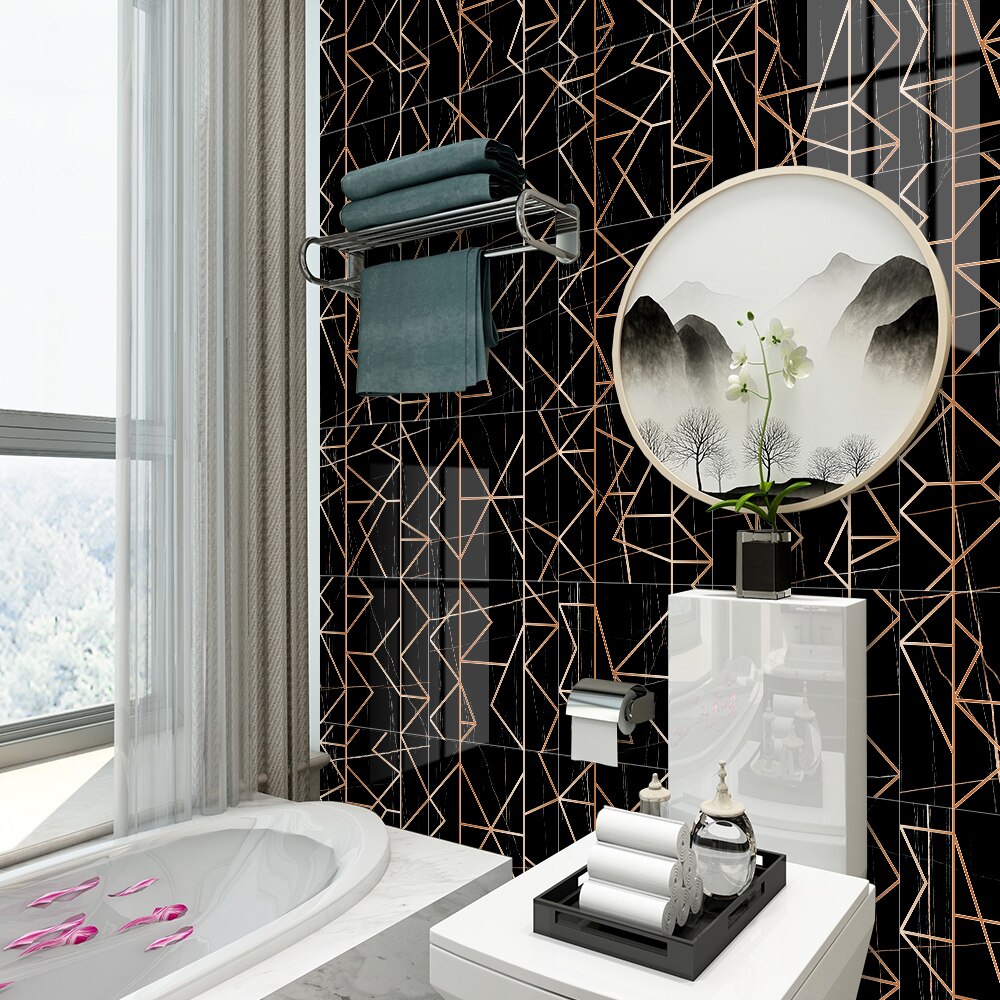 Artistic gold line black tile stickers Stair wall adhesive-free self-adhesive wallpaper Bathroom moisture-proof stickers