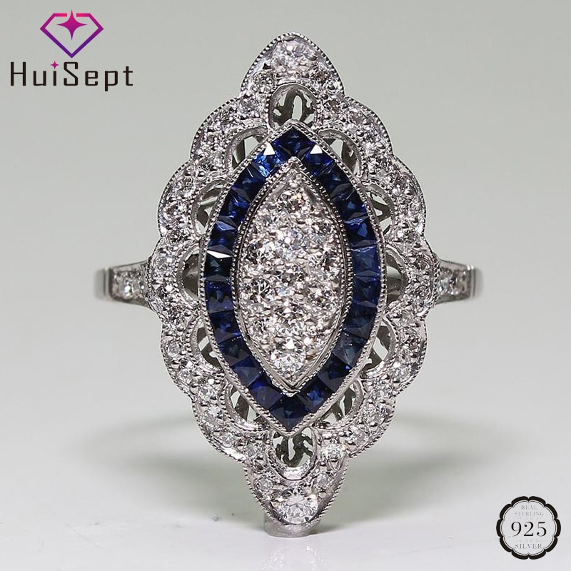 Huisept Retro Charm Ring Voor Vrouwen 925 Zilveren Sieraden Accessoires Sapphire Zirkoon Edelsteen Ring Bruiloft Engagement