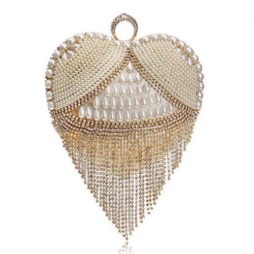 GLOIGTassel Rhinestones Evening Bag Finger Ring Diamonds Wedding Heart Clutch Handbags Chain Shoulder Party Pearl Christmas: YM1090gold