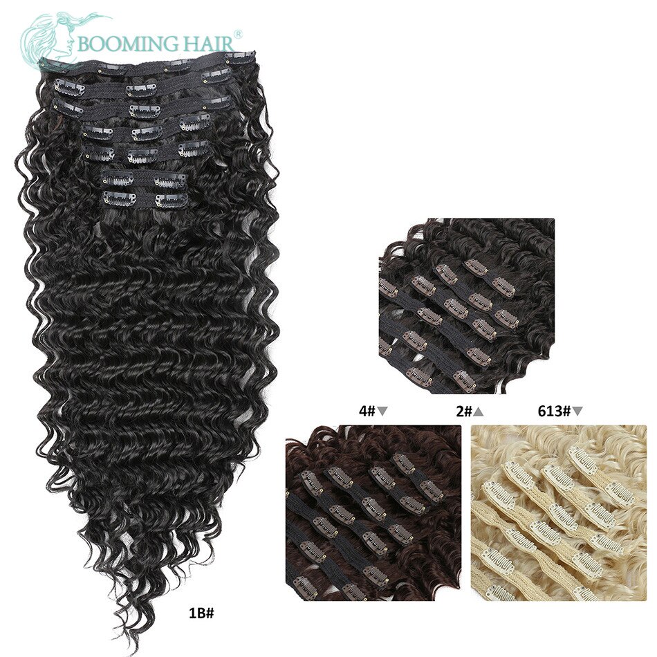 BOOMENDEN HAAR Clips in Haar Verlängerung Tiefe Welle 24 Zoll Synthetische Haar Verlängerung 20 Clips auf 140G Haarteil: #1B