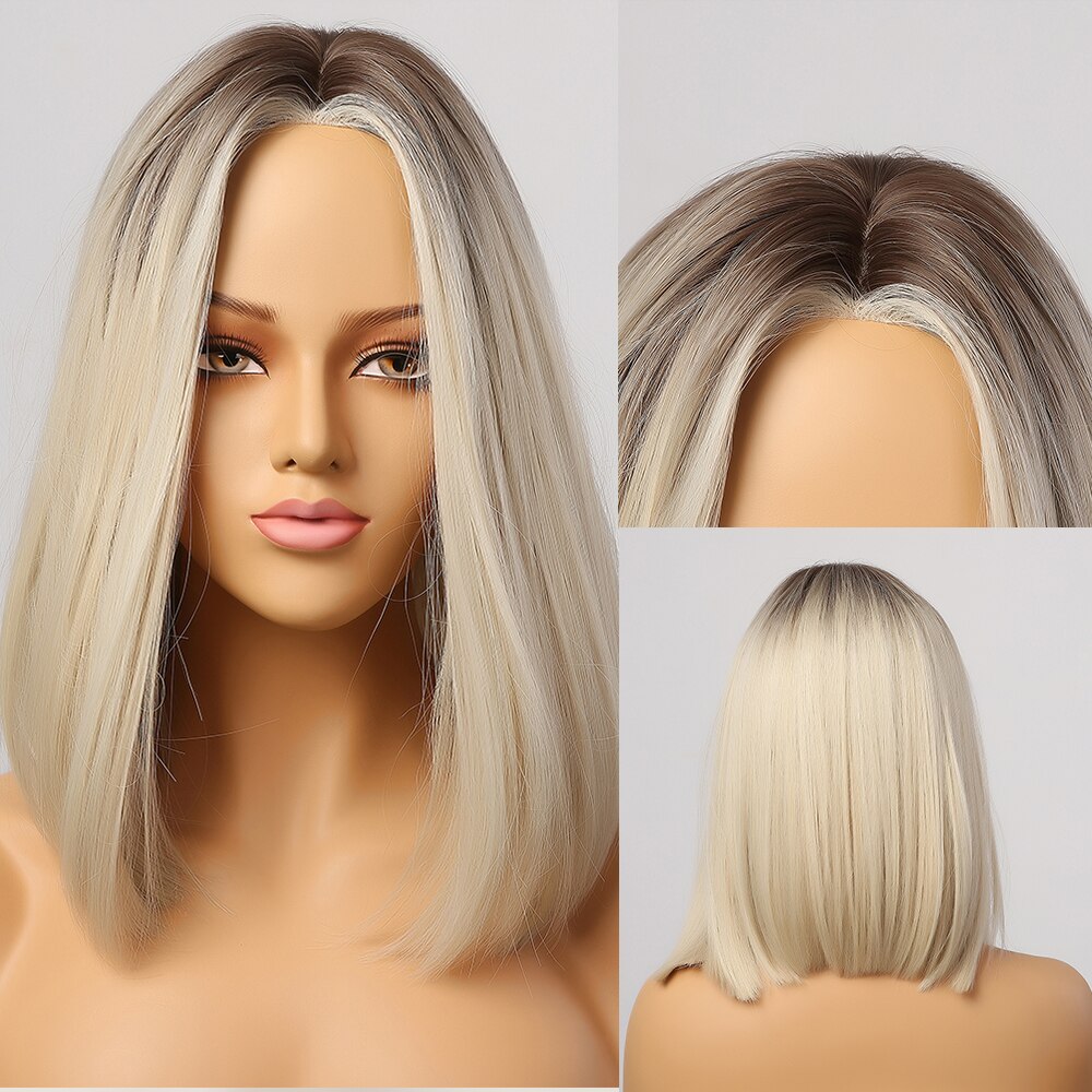 EASIHAIR Brown to Blonde Ombre Synthetic Hair Wig Hairline Part Lace Wigs for Women Wigs Natural Straight Heat Resistant Wigs: FTL002-1