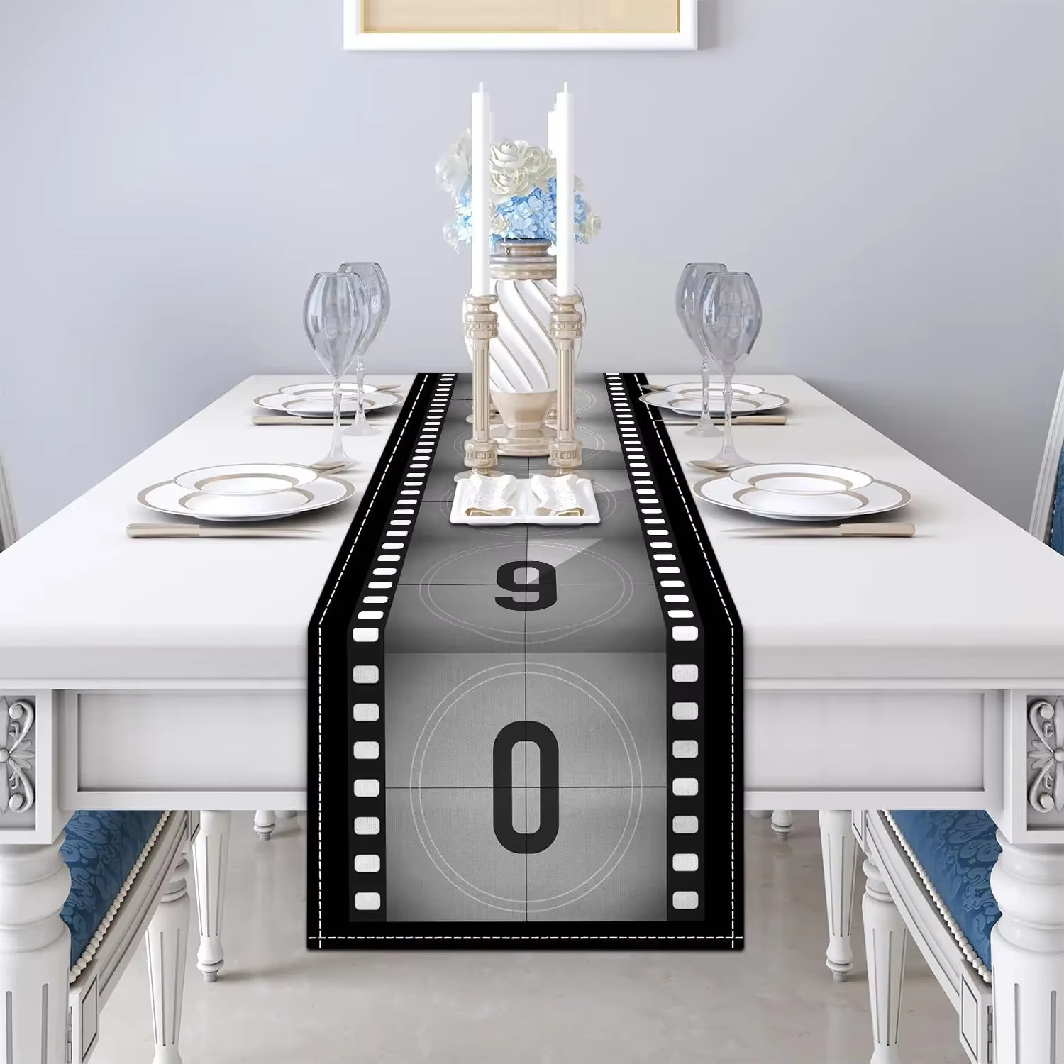 Filmthema tafelloper countdown, zwart wit linnen voor keukenfestival en feestsetting