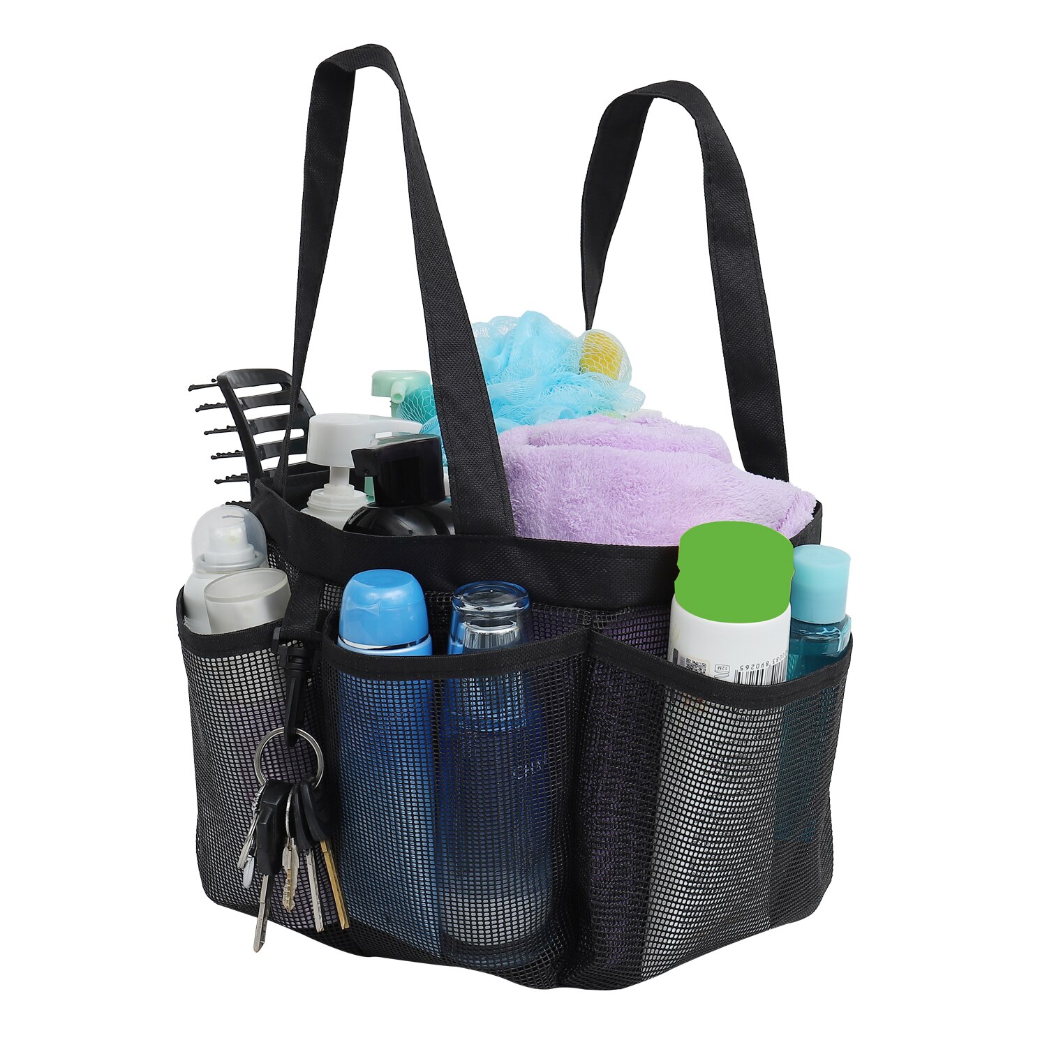 Mesh Shower Caddy Tote for College Dorm Room Essentials, Hanging Large Portable Bag Toiletry Organizer with Key Hook: Black Handle