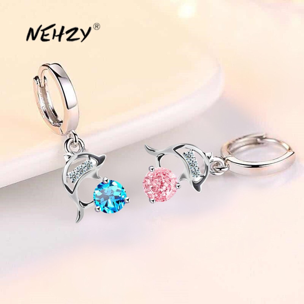 NEHZY S925 Stamp silver women&#39;s jewelry earrings blue crystal pink zircon dolphin long tassel retro earrings