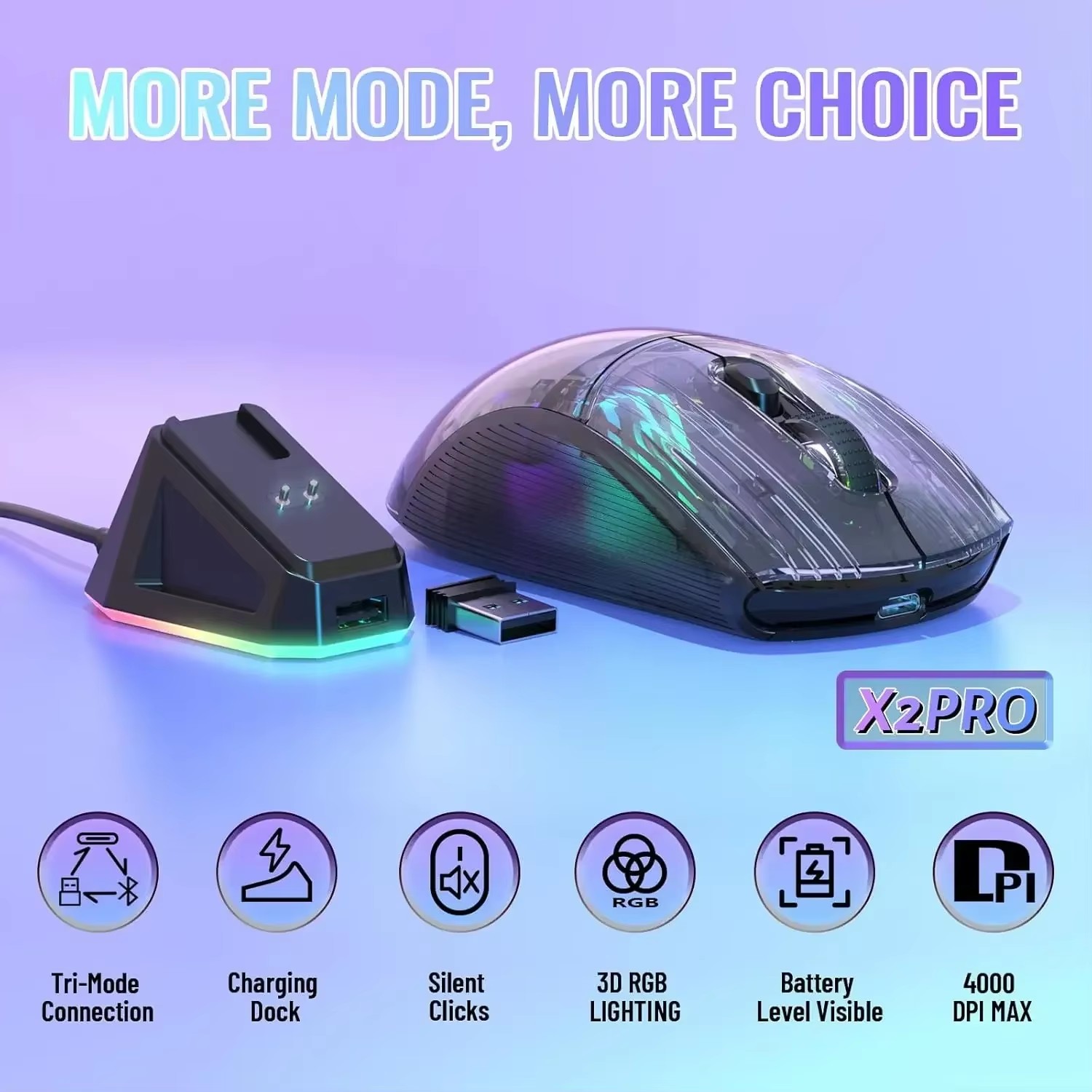 ATTACK SHARK X2 Pro tryb tryb bezprzewodowa przezroczysta obudowa mysz do gier RGB akumulator 4000 DPI ładowalna mysz dokująca